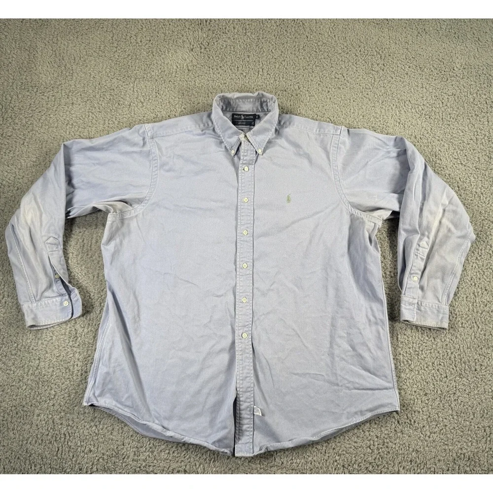 Vintage Ralph Lauren Shirt Mens 2XL Blue Denim Green Pony‎ Heavyweight Button Up